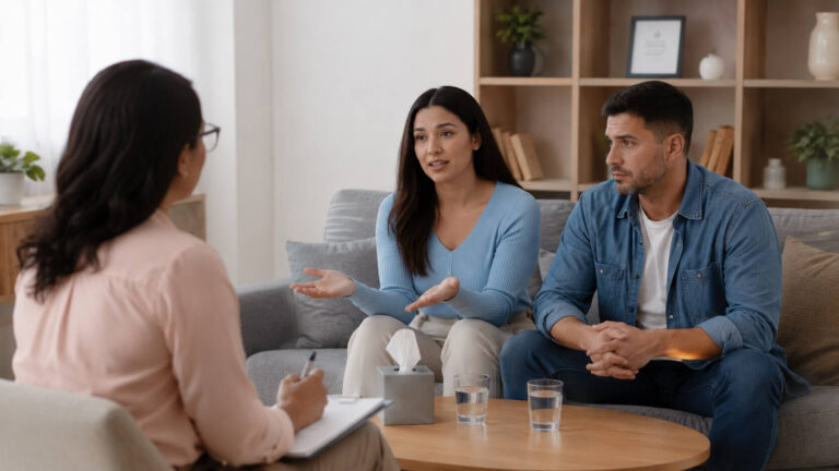 A couple having a supported conversation with a therapist