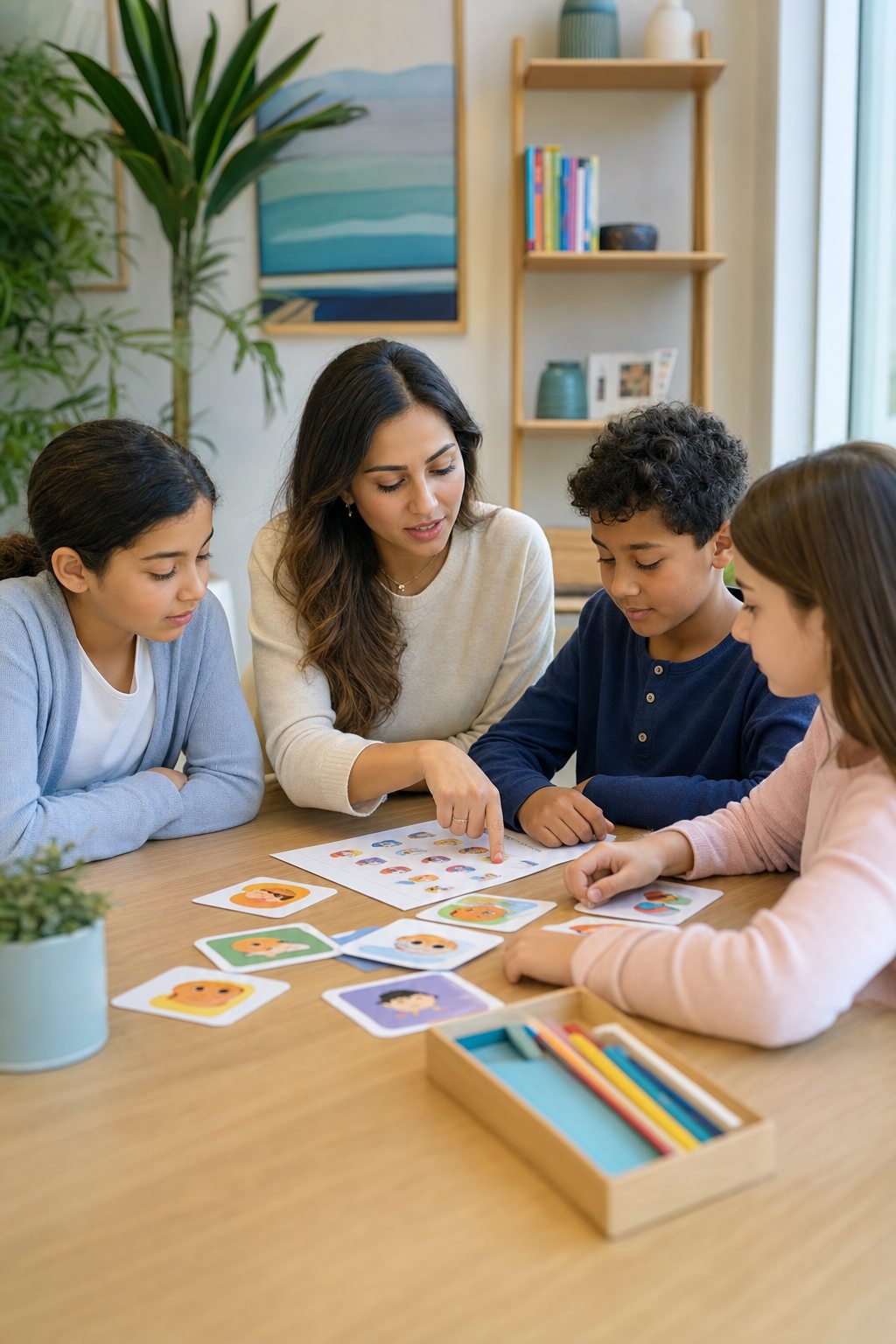 Child psychologist guiding children through a collaborative emotional skills activity