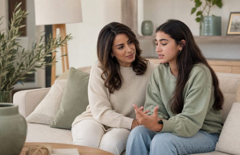 A parent listening supportively to her teenage daughter at home